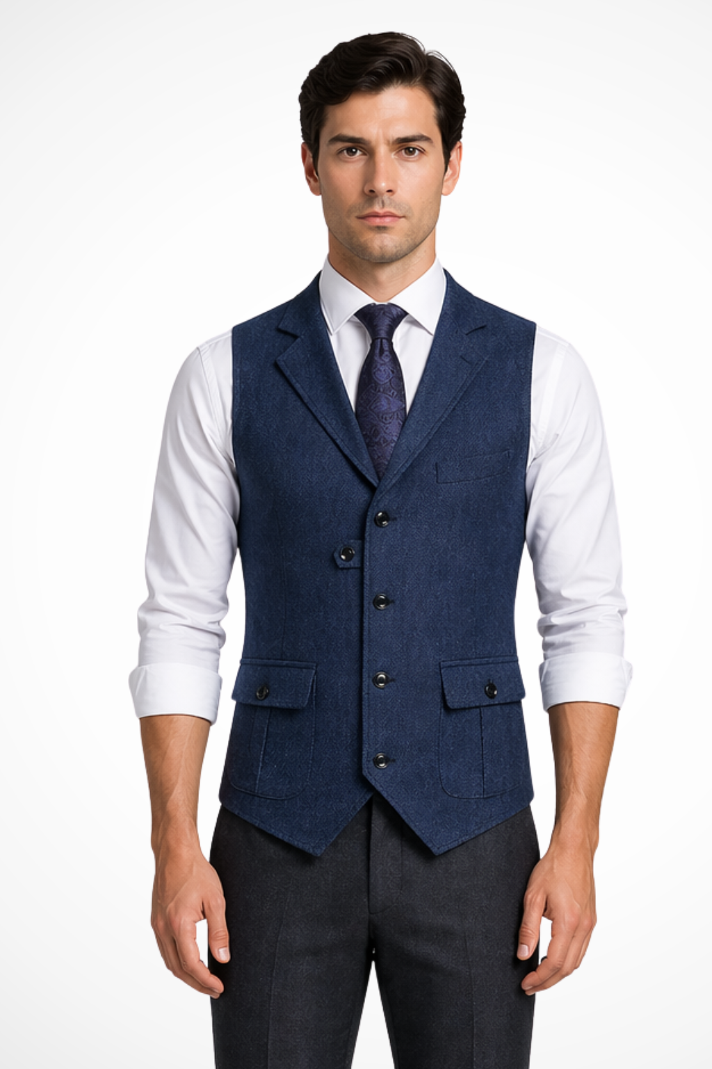 Elegant men's wedding waistcoat with distinctive herringbone pattern. Ideal for groomsmen & special events.