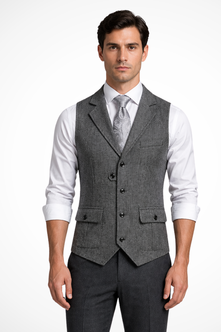 Men's tailored fit herringbone waistcoat, a sophisticated formal vest for weddings & elegant occasion wear.