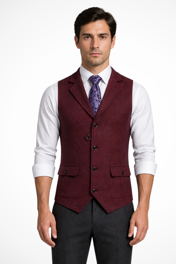 Stylish men's herringbone wedding waistcoat, featuring a tailored fit for smart casual and formal events.