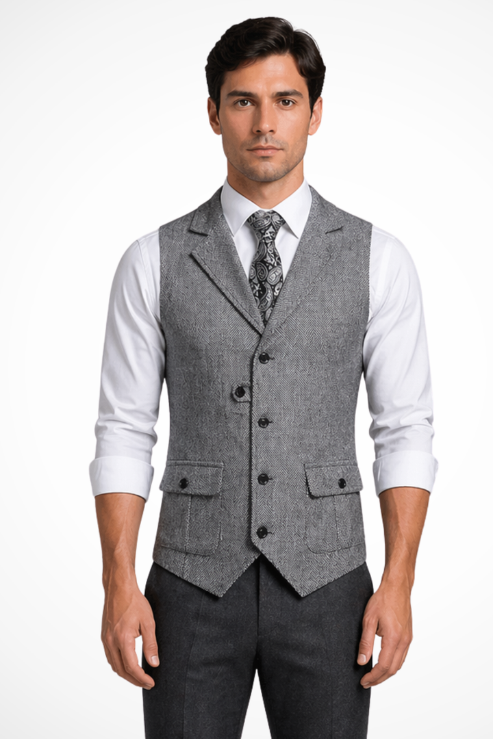 Men's elegant herringbone waistcoat for wedding and formal wear, a tailored fit fashion vest.