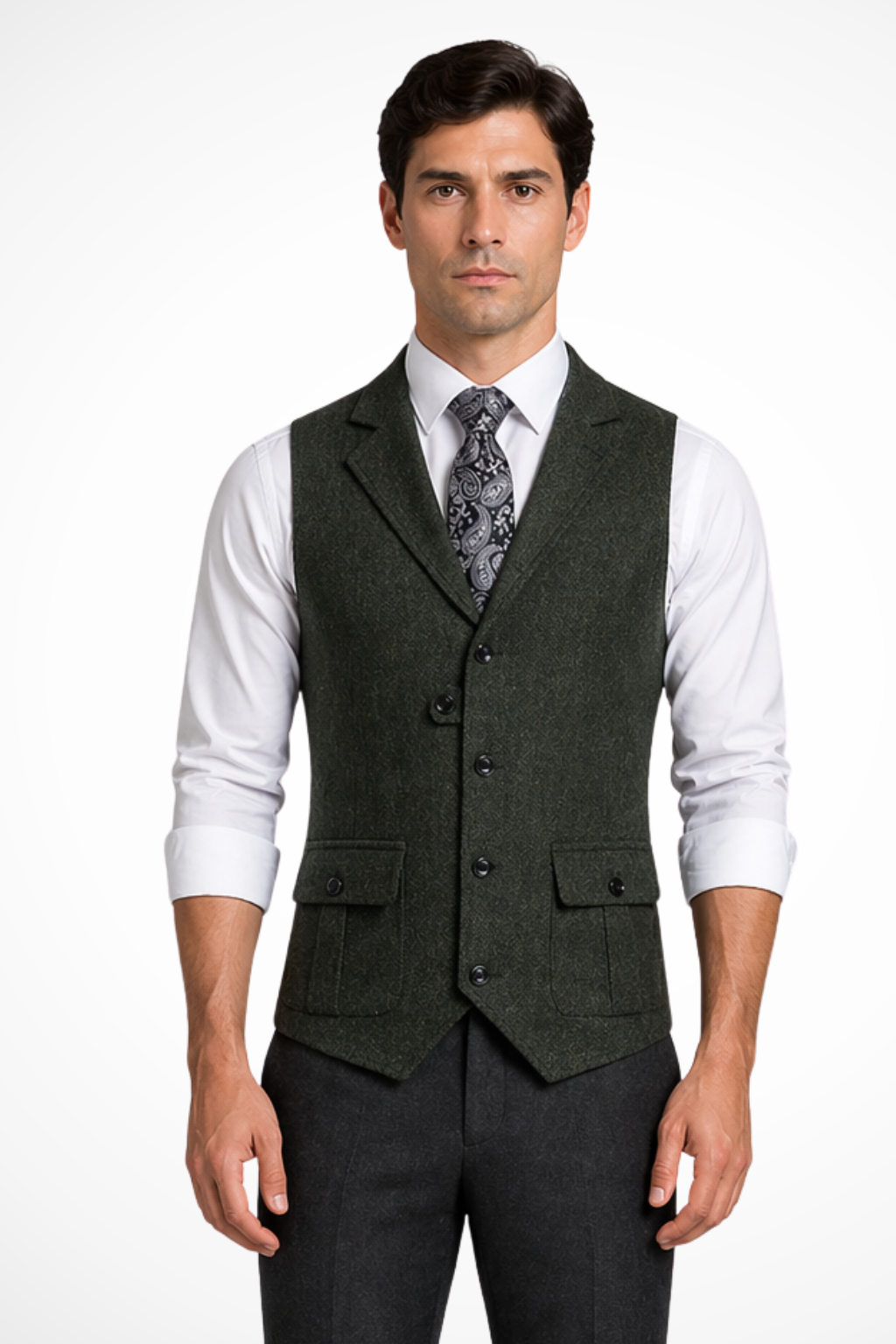 Sophisticated men's tailored fit herringbone waistcoat, perfect for wedding attire and formal fashion.