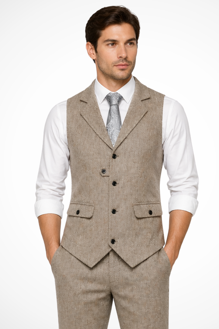Men's herringbone waistcoat, a tailored fit formal vest suitable for weddings, groomsmen, & smart casual events.