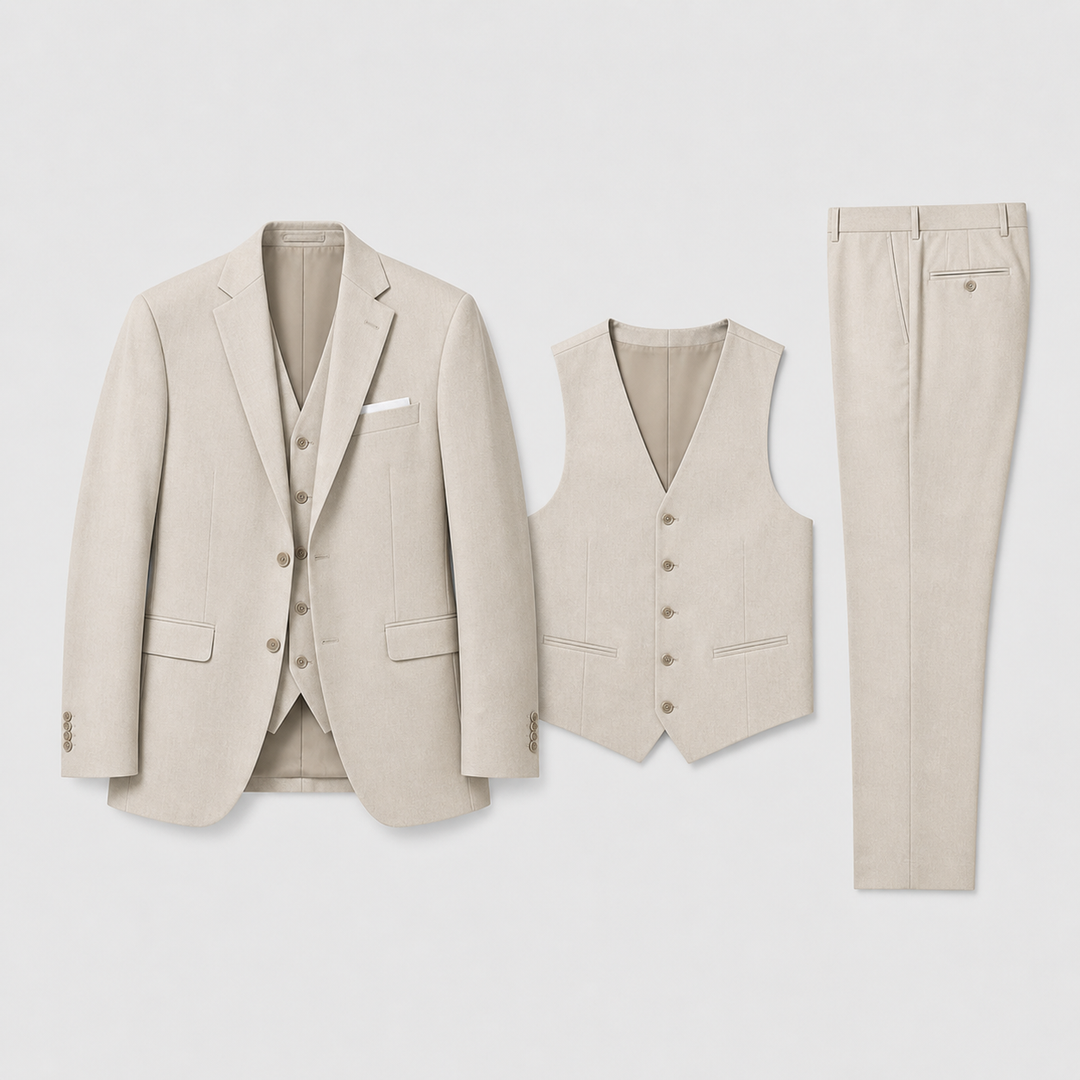 Tailored men's three-piece suit in classic beige, including blazer, waistcoat, & trousers for formal events.