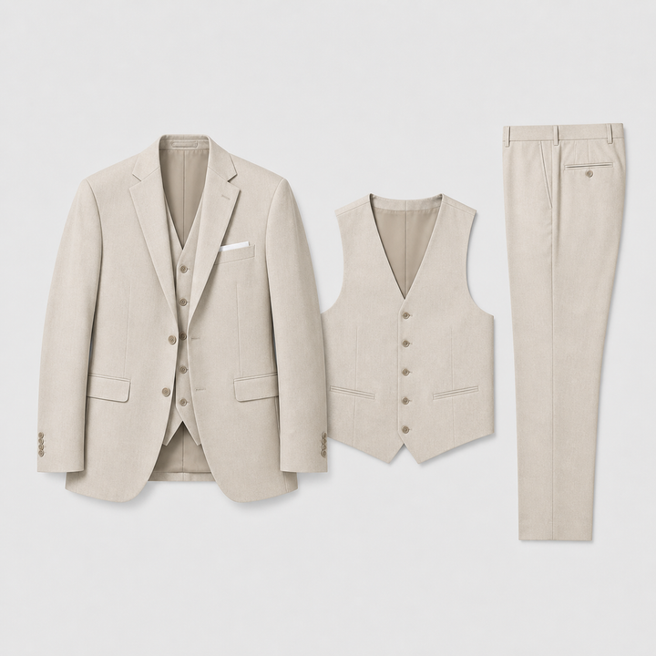 Tailored men's three-piece suit in classic beige, including blazer, waistcoat, & trousers for formal events.