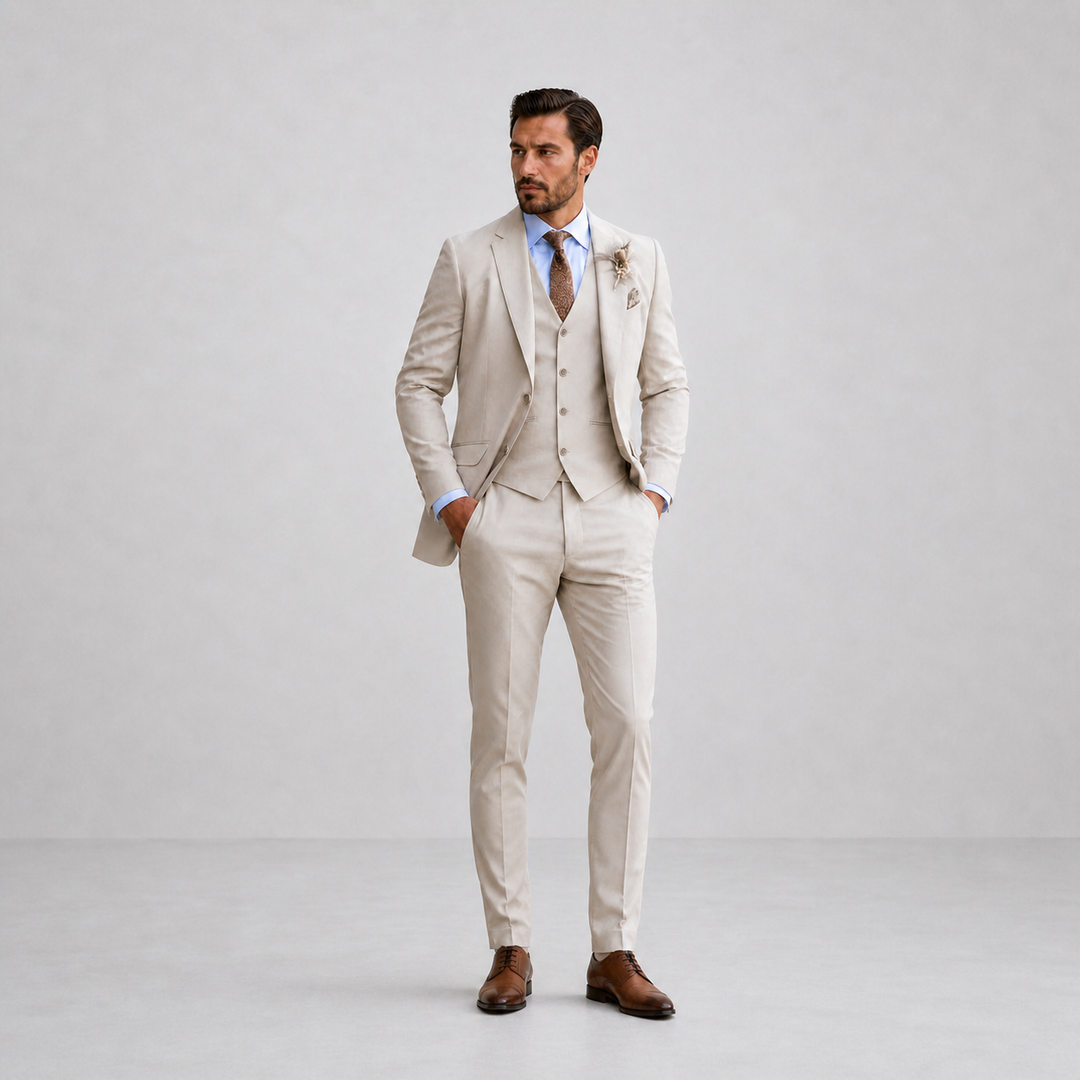 Elegant black men's three-piece wedding suit with waistcoat & blazer, perfect for special occasions.