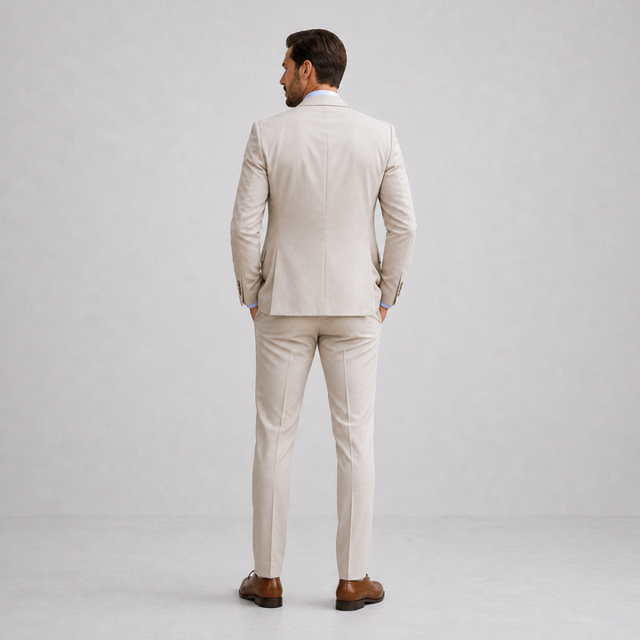 Versatile grey men's three-piece suit, a smart attire choice with a waistcoat for any formal event.