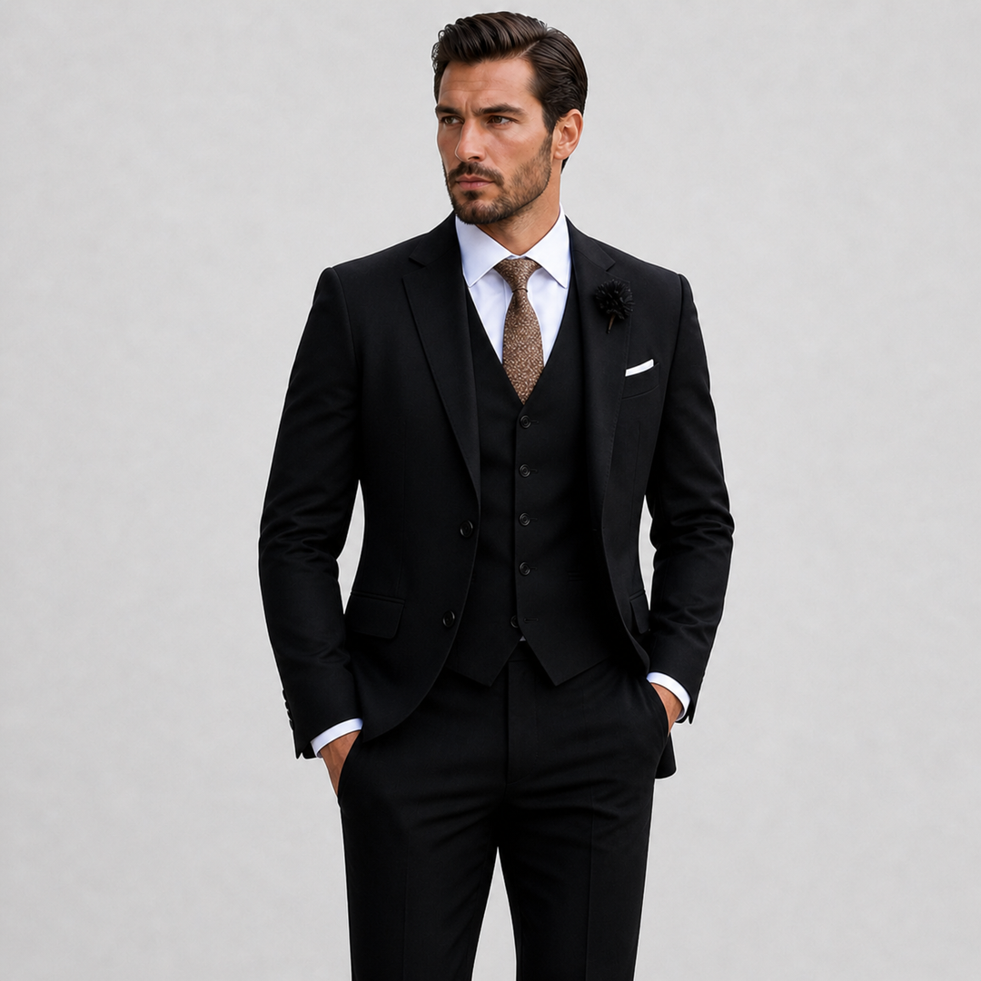 Classic tailored men's three-piece suit with a modern fit, featuring a blazer, waistcoat, & trousers.