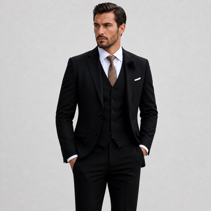 Classic tailored men's three-piece suit with a modern fit, featuring a blazer, waistcoat, & trousers.
