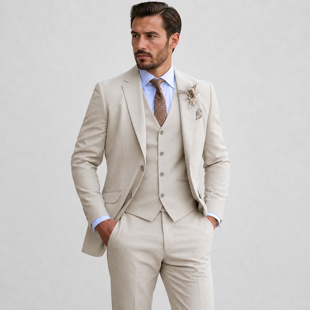 Stylish men's formal three-piece suit, highlighting a smart waistcoat, blazer, and trousers for events.