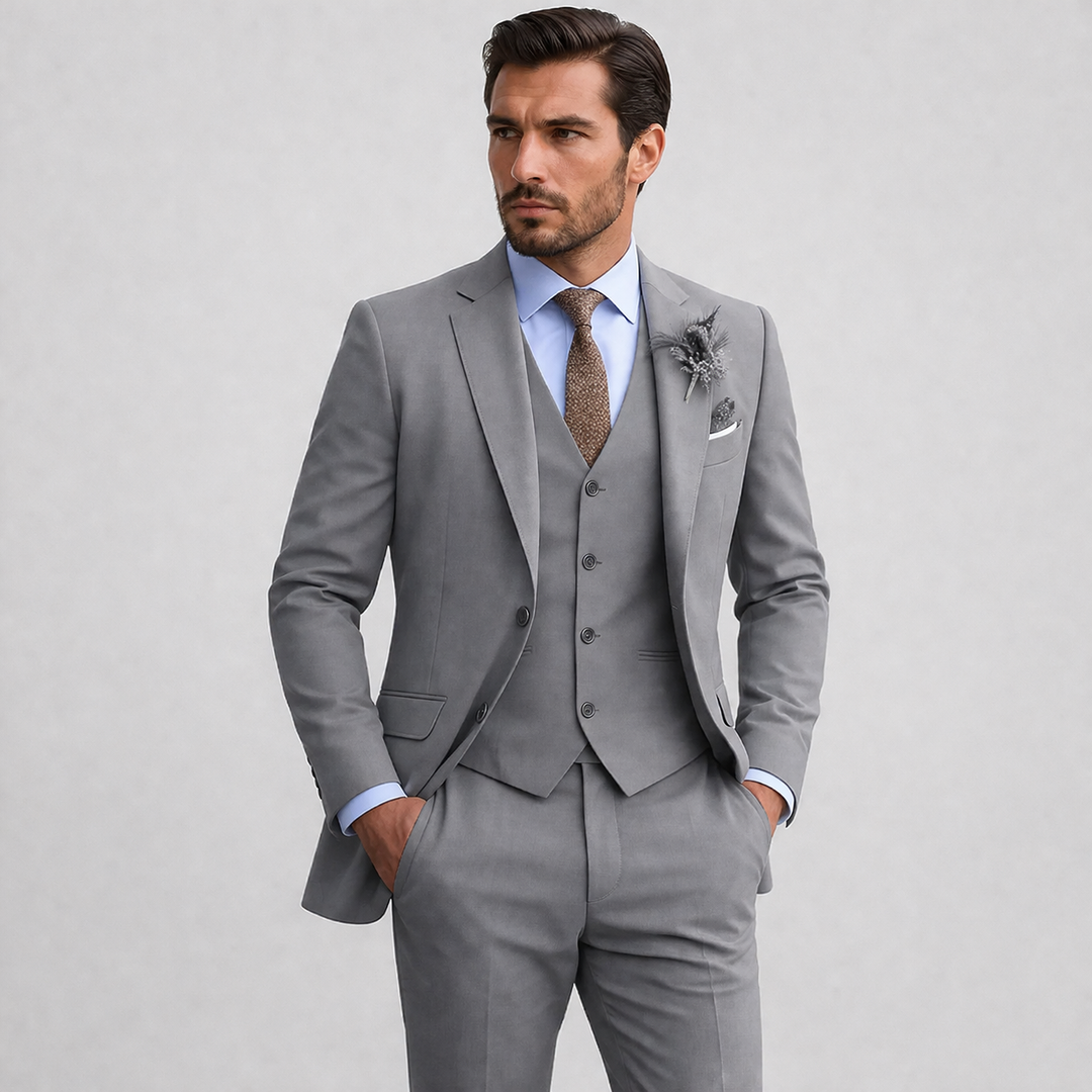 Formal men's beige three-piece suit, ideal wedding suit or special occasion wear with waistcoat & blazer.