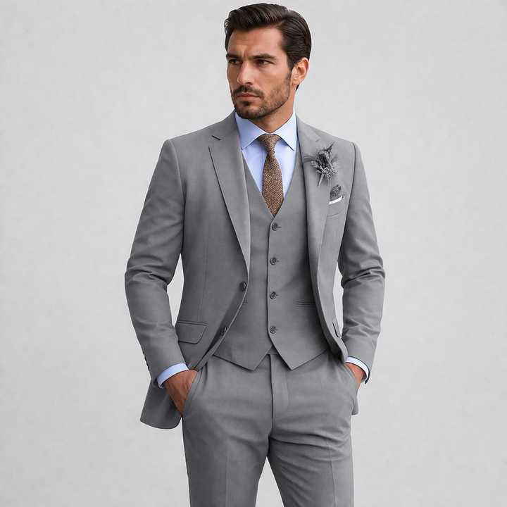 Formal men's beige three-piece suit, ideal wedding suit or special occasion wear with waistcoat & blazer.