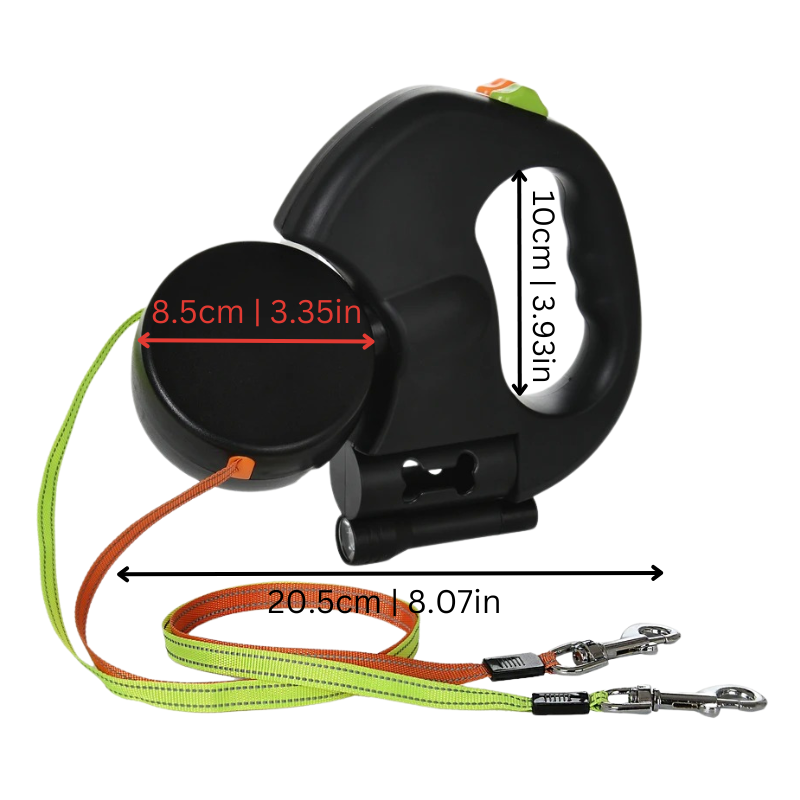 Adjustable dual dog leash with LED for hands-free, tangle-free dog walking