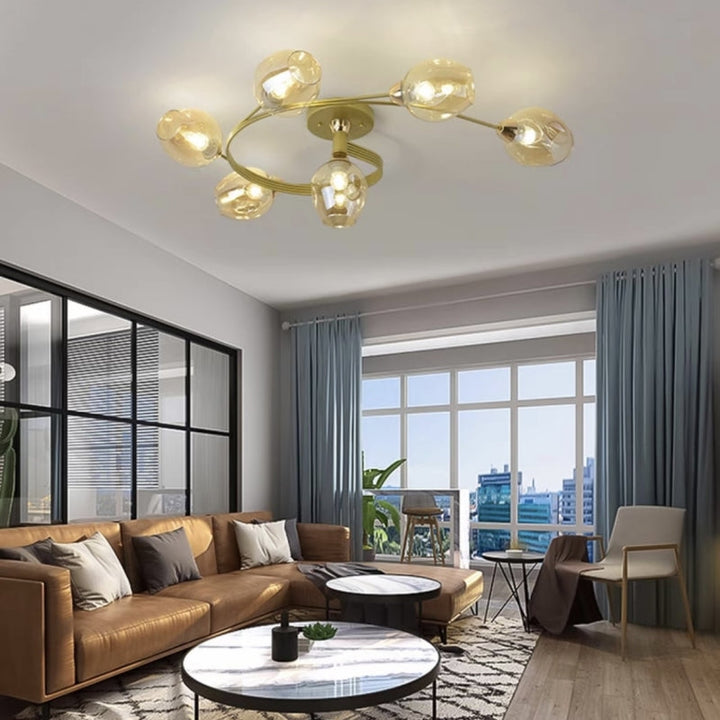 Sculptural gradient blue Tavin flush mount, modern ceiling fixture for stylish bedroom.