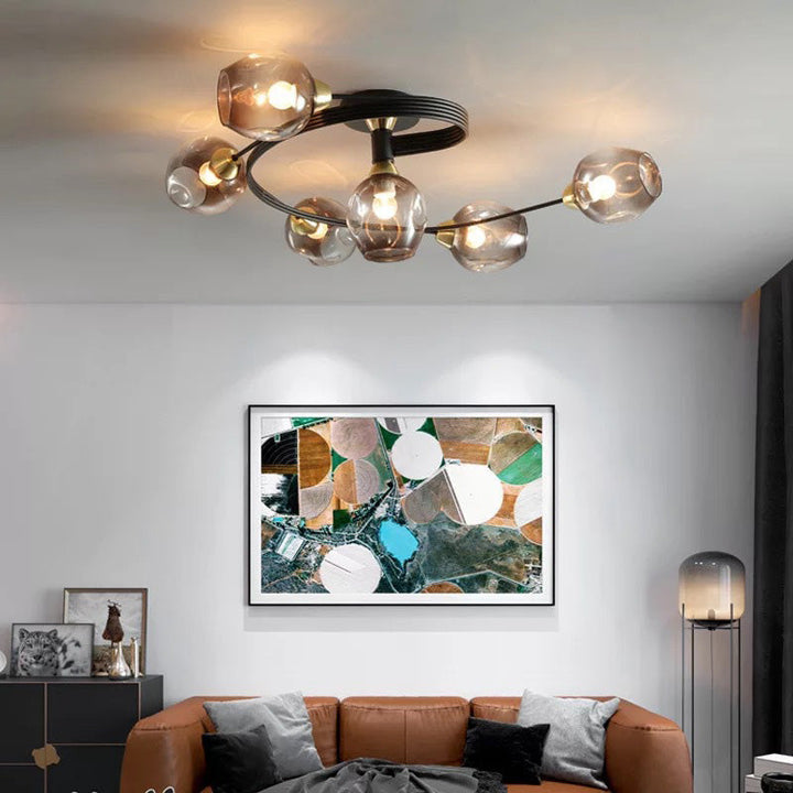 Modern flush mount ceiling light; elegant illumination for dining, living room or bedroom.