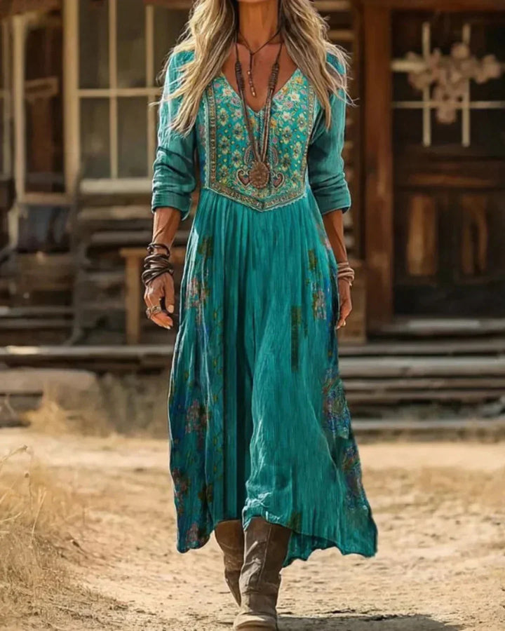 Teal embroidered boho maxi dress for women with V-neck and long sleeves, perfect for elegant casual summer style.