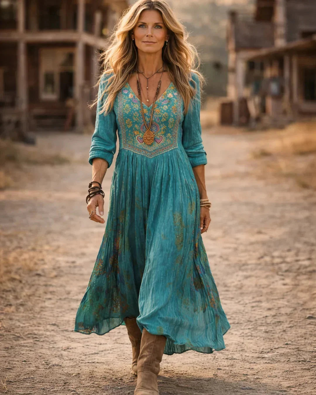 Women's flowy bohemian maxi dress in teal, featuring intricate embroidery, a flattering V-neck, and long sleeves.