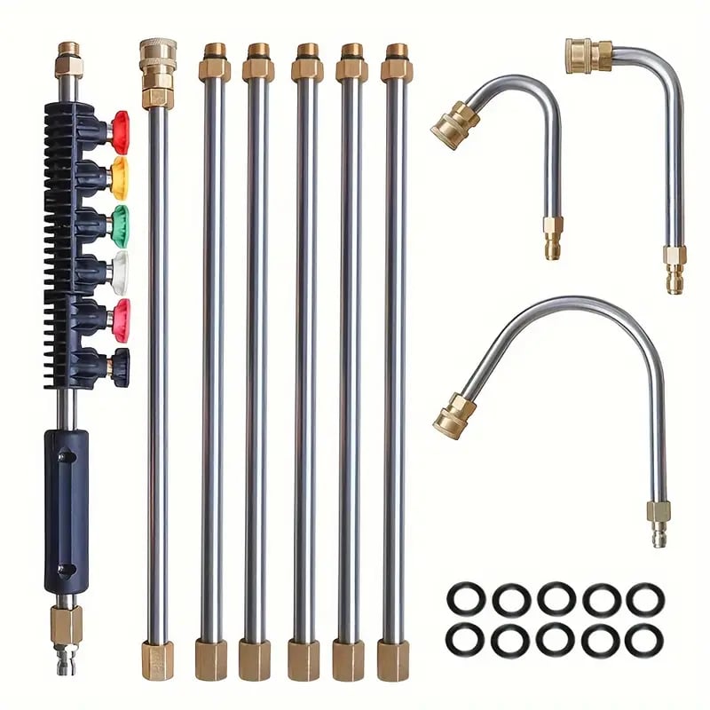 Telescoping high pressure washer wand for effective gutter and roof cleaning.