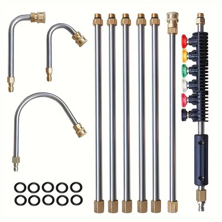 Telescoping high pressure washer wand for effective gutter and roof cleaning.