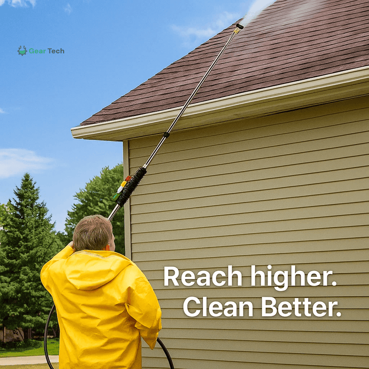 Outdoor cleaning telescoping wand for powerful high pressure gutter and roof washing.