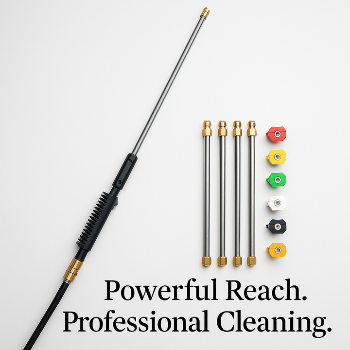 Extra long telescoping power washer wand for safely reaching high gutters & roofs.