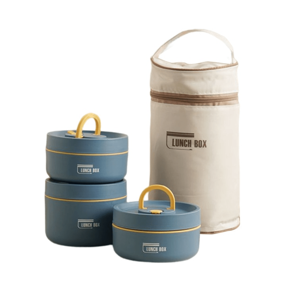 Insulated lunch box in vibrant blue, ideal for students and professionals.