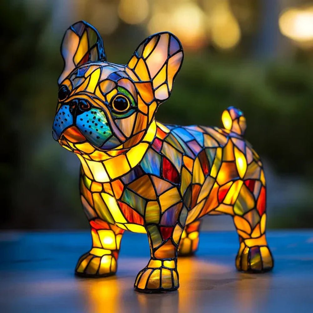 Tiffany style stained glass dog table lamp, unique pet lover home decor lighting.