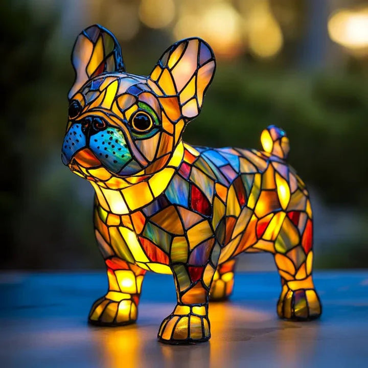 Tiffany style stained glass dog table lamp, unique pet lover home decor lighting.