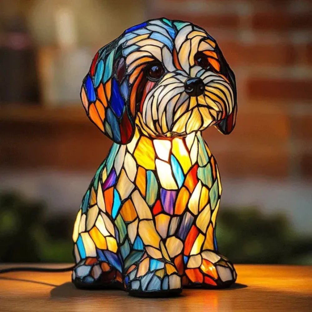 Close-up of a vibrant stained glass dog lamp, perfect for animal lovers.