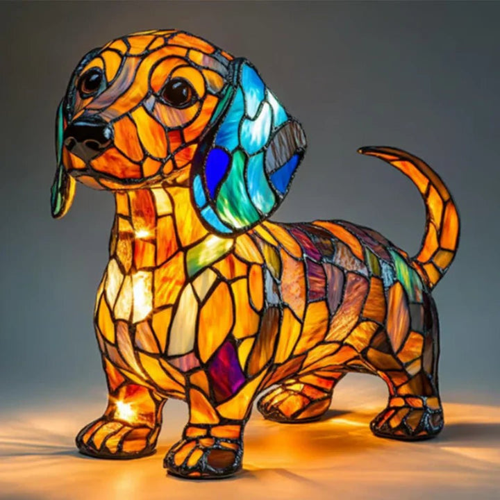Artisan stained glass dog table lamp, showcasing intricate craftsmanship for your home.