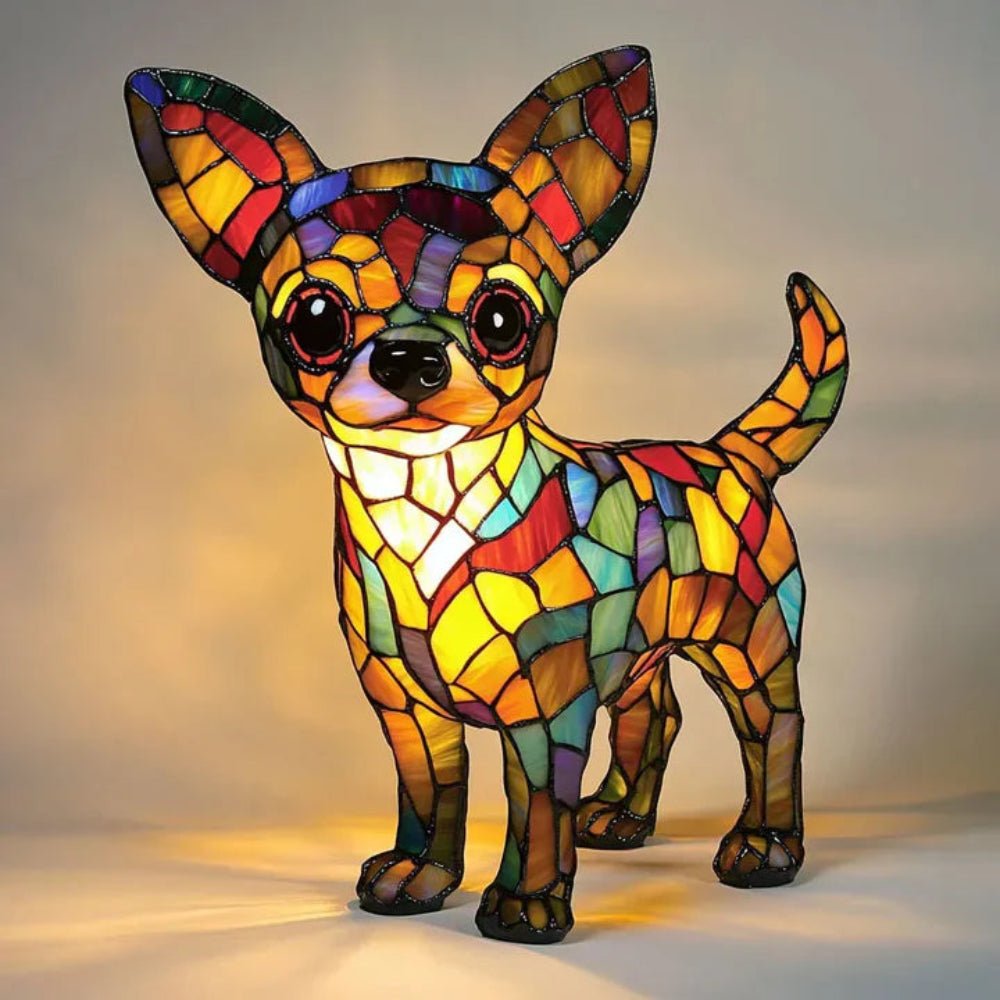 Whimsical dog table lamp in classic Tiffany style, a charming addition to any room.