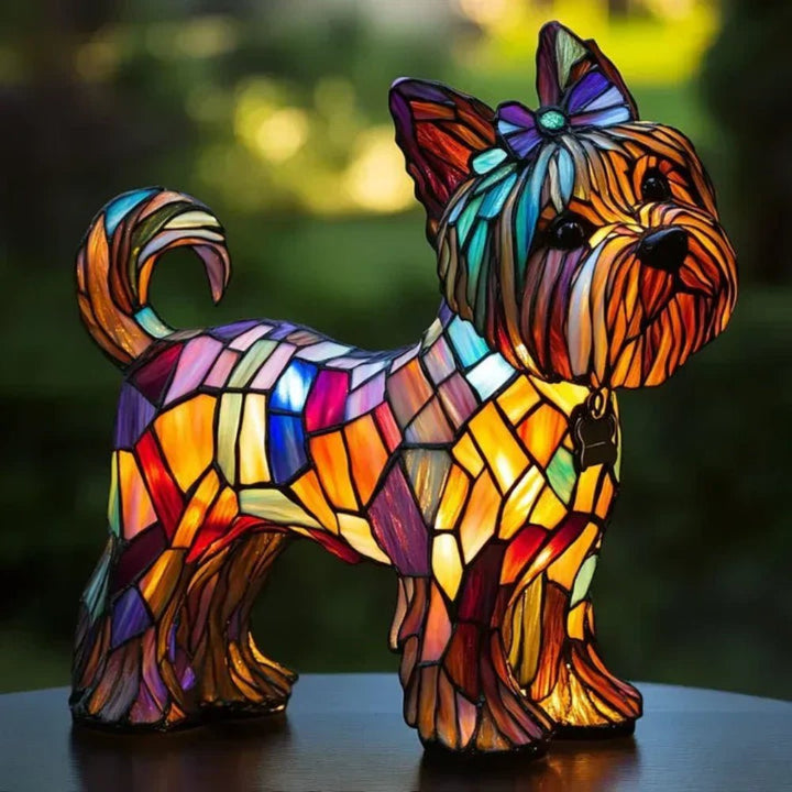 Handcrafted stained glass dog lamp, ideal as a unique gift for pet enthusiasts.