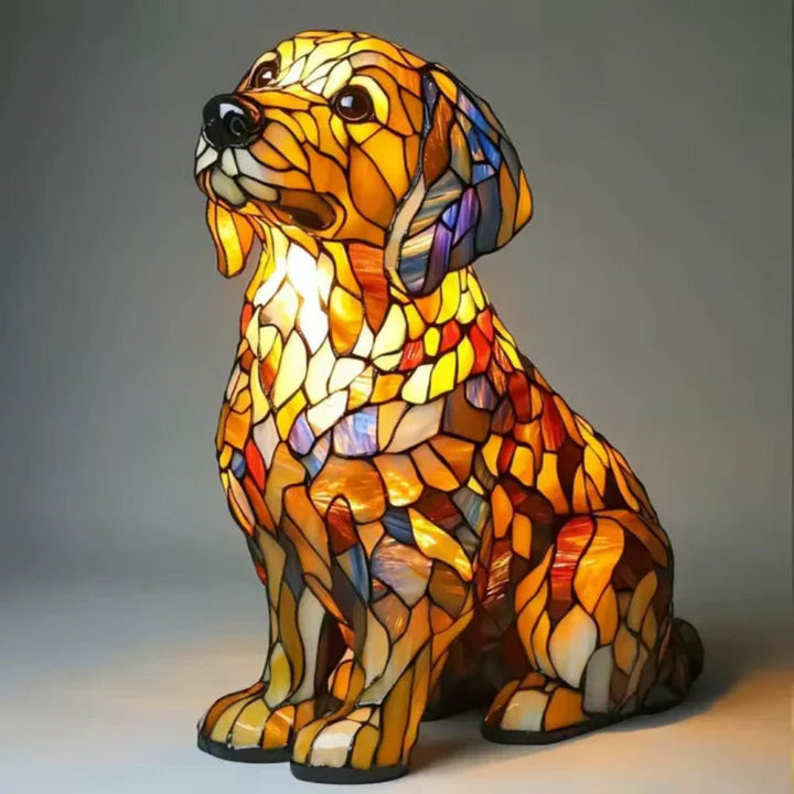 Detailed view of a colorful stained glass dog's face on a Tiffany style table lamp.