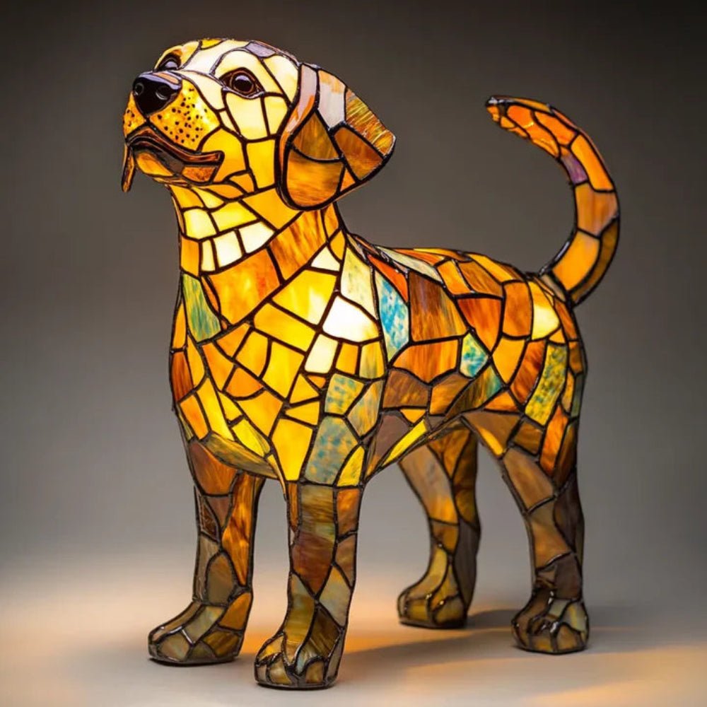 Elegant dog-shaped stained glass table lamp, adding warmth and personality to decor.
