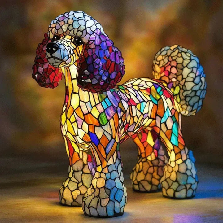 Brightly lit stained glass dog lamp, a beautiful piece of functional art for pet owners.