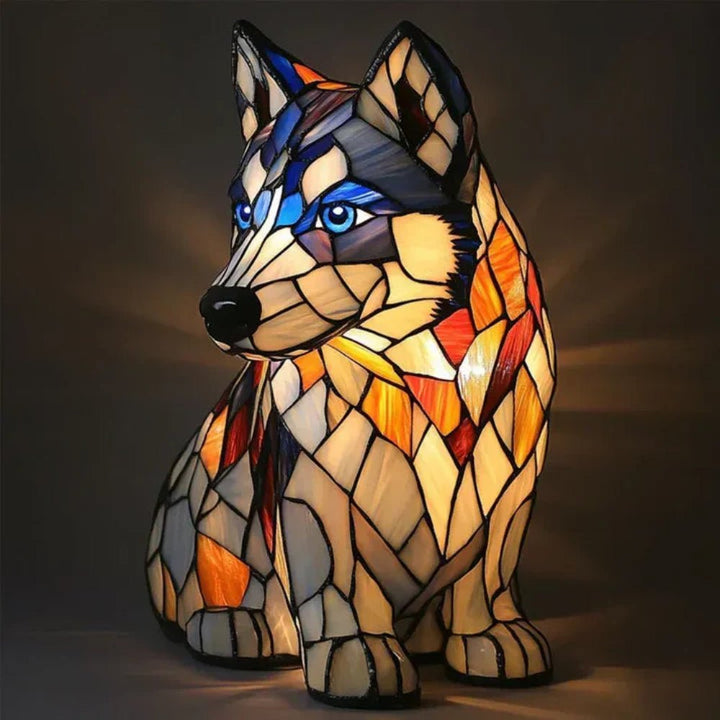 Tiffany inspired stained glass lamp featuring a loyal dog, great for home accent lighting.