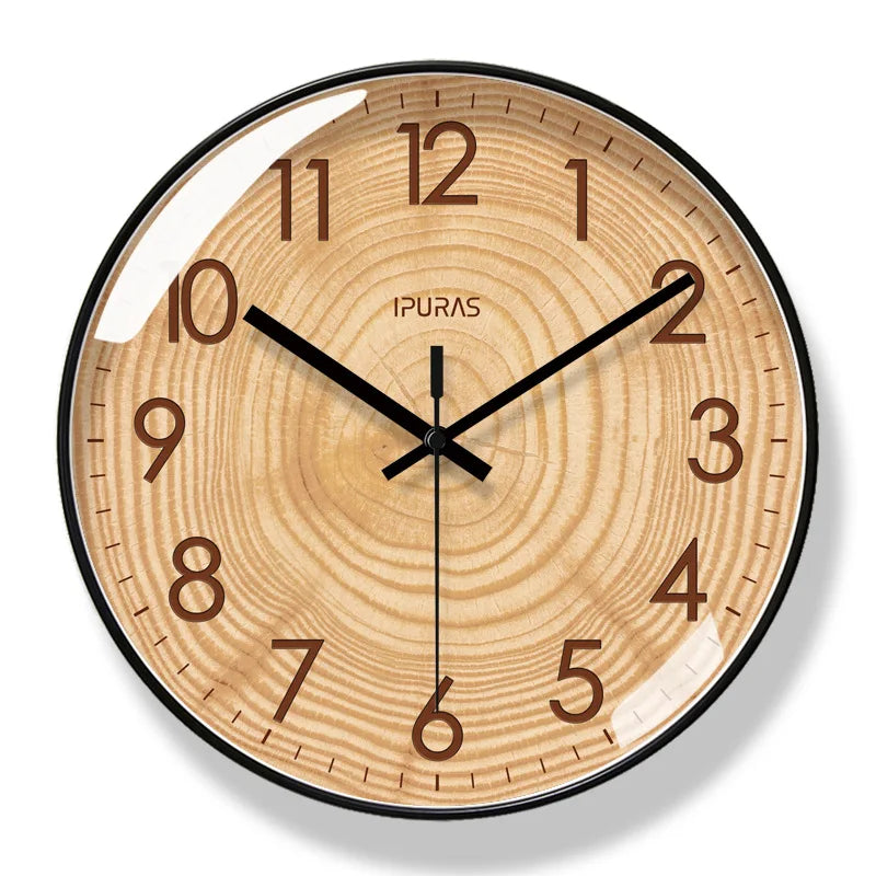 Natural wood wall clock, silent TimeWisp model. Modern home decor for living rooms, kitchens & peaceful office spaces.