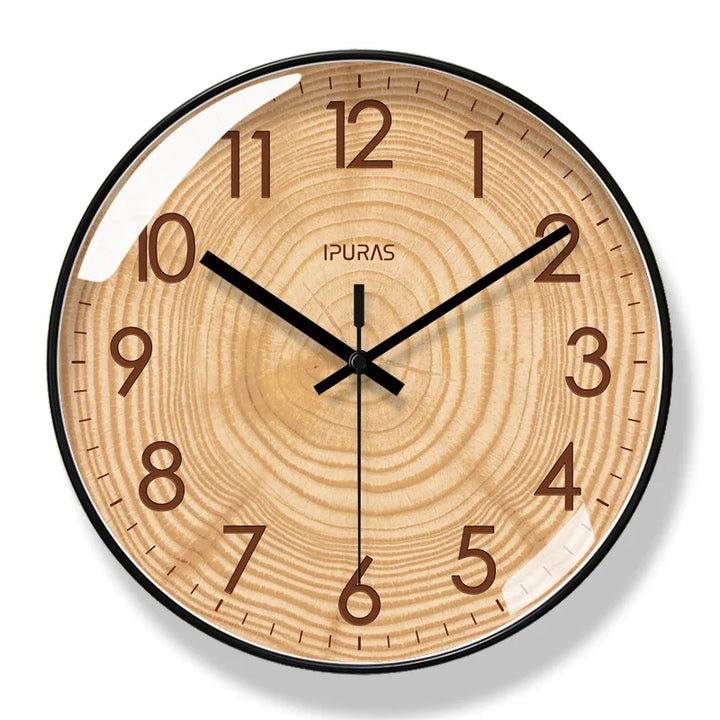 Natural wood wall clock, silent TimeWisp model. Modern home decor for living rooms, kitchens & peaceful office spaces.