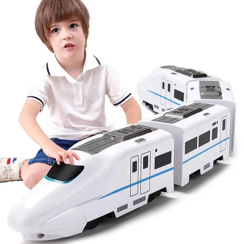 Toddler interactive 4-car train set with spinning lights and sounds for fun play.