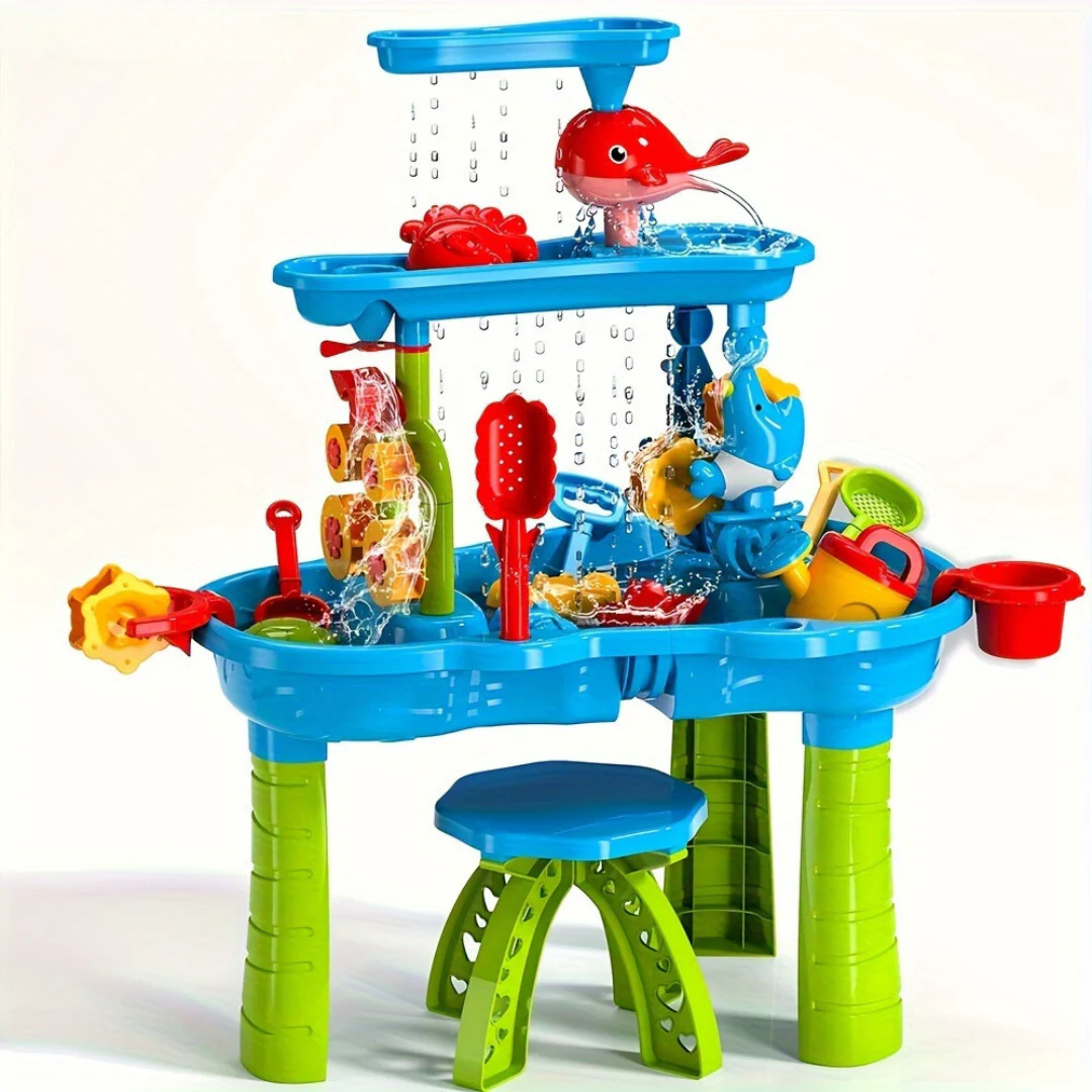 Vibrant blue and green Splash Fun Water Table with multiple play stations and accessories for interactive outdoor play.