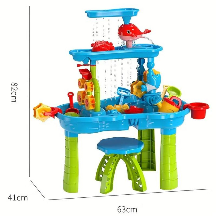 Happy toddlers giggling while exploring water activities and developing motor skills with an outdoor splash water table.