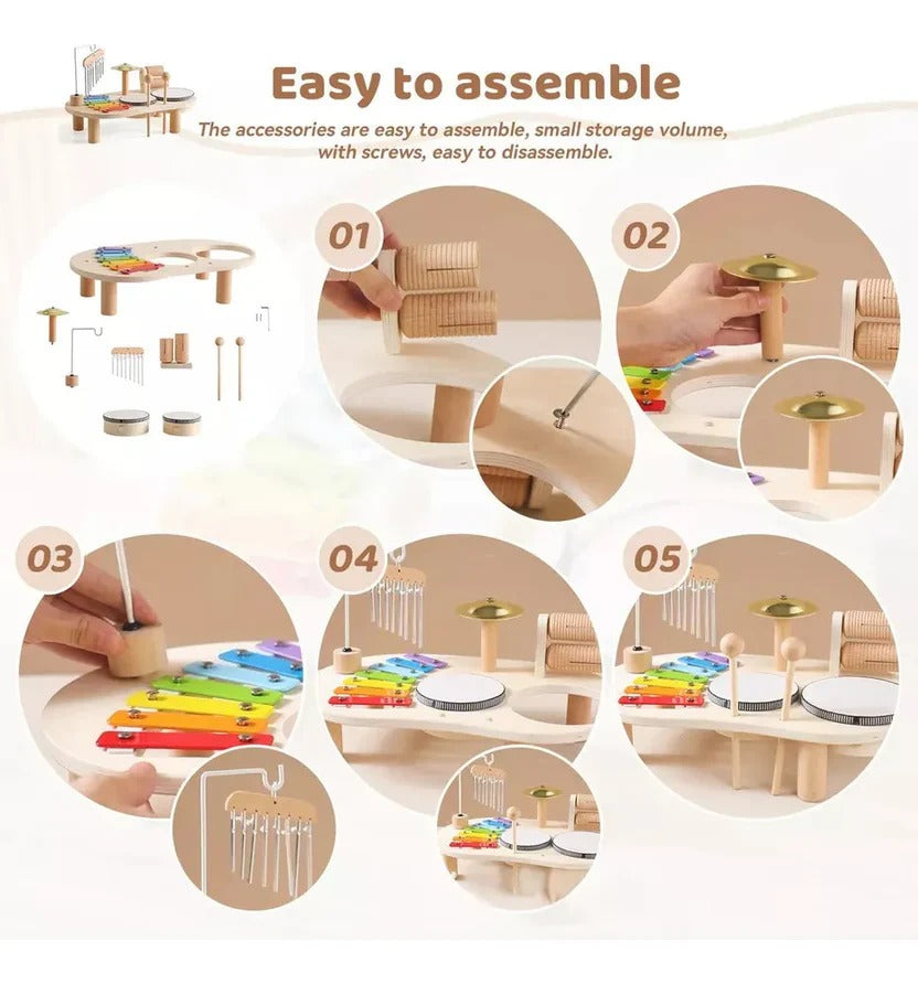 Wooden Montessori musical toy set for toddlers, featuring drum, xylophone, and mallets for sensory play.