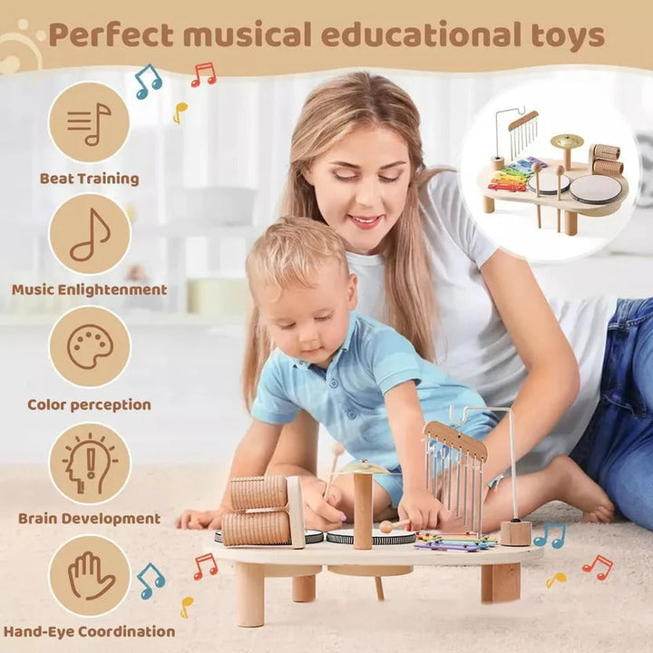 Developmental wooden musical drum and xylophone set, enhancing toddler motor skills and early learning.