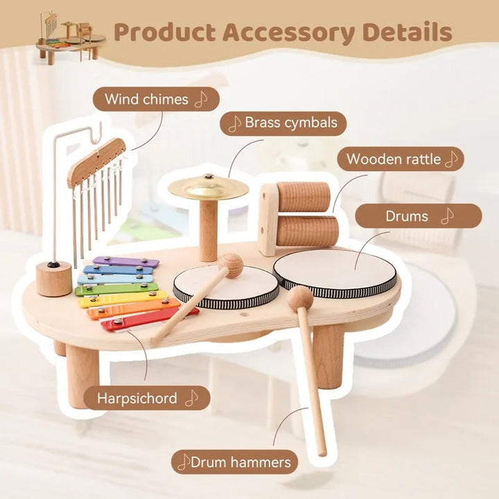 Bright wooden xylophone and drum kit for toddlers, a Montessori musical toy promoting creative play.
