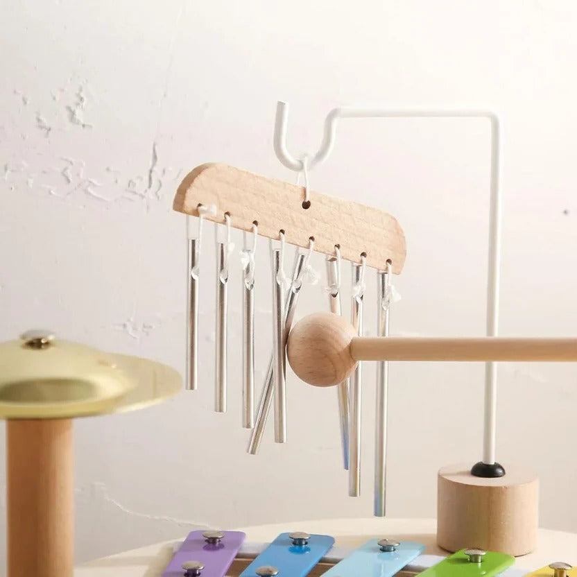 Complete wooden Montessori musical drum kit & xylophone for toddler sensory and motor skill development.