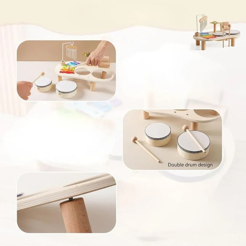 Engaging toddler Montessori wooden musical toy with drum, xylophone, and mallets for creative learning.
