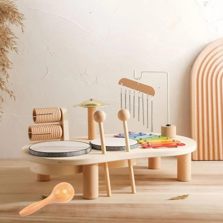 Montessori wooden musical drum and xylophone set for toddlers, ideal for early learning & motor skills.