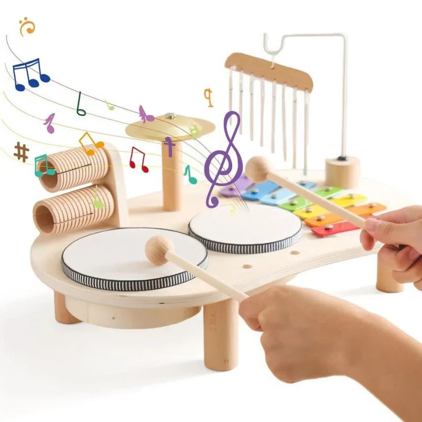 High-quality wooden Montessori musical toy: toddler drum kit & xylophone for sound exploration and play.