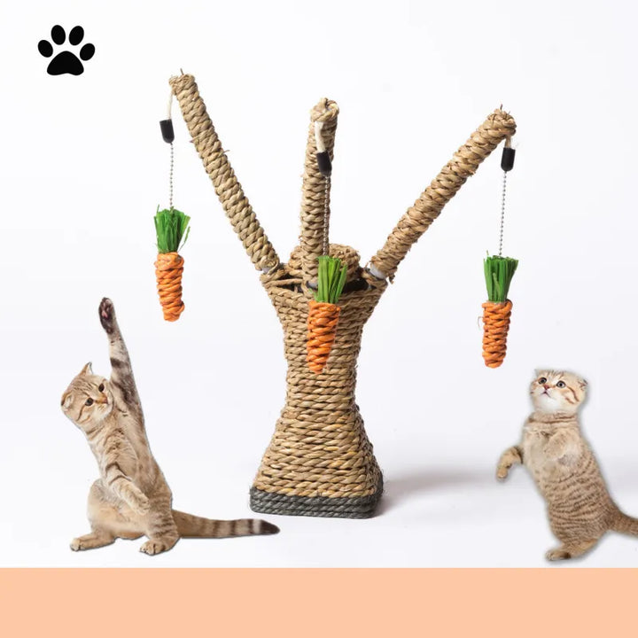 Tree design cat scratching post with sisal rope & built-in carrot toys for feline playtime & claw care.