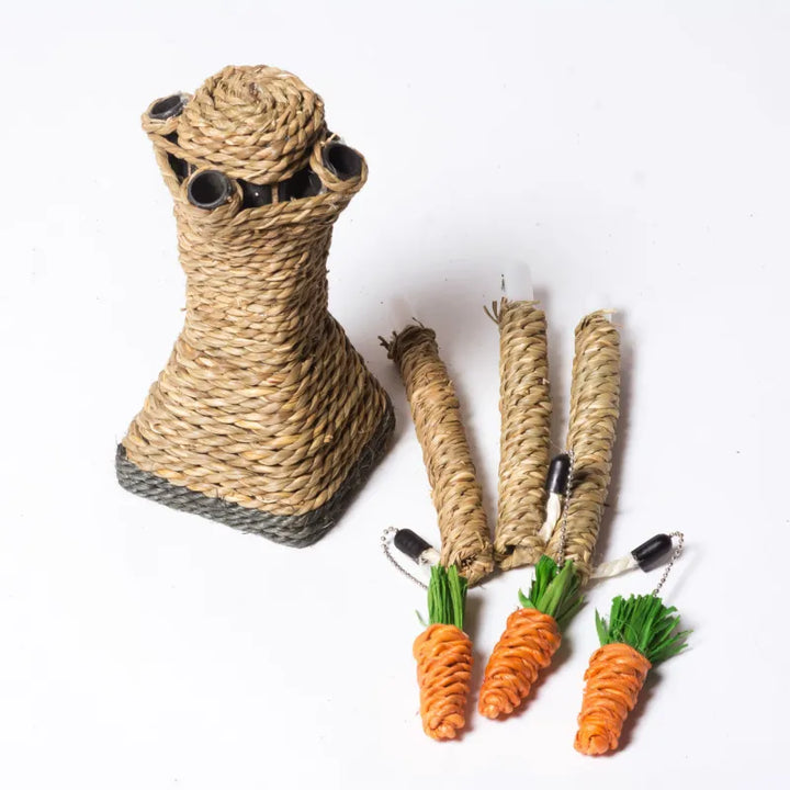 Sturdy cat scratching tree post featuring sisal rope & dangling carrot toys for feline fun & exercise.