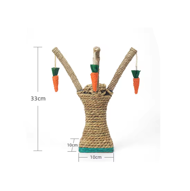 Multi-level tree design cat scratching post with sisal and carrot toys; ideal pet furniture for cats.